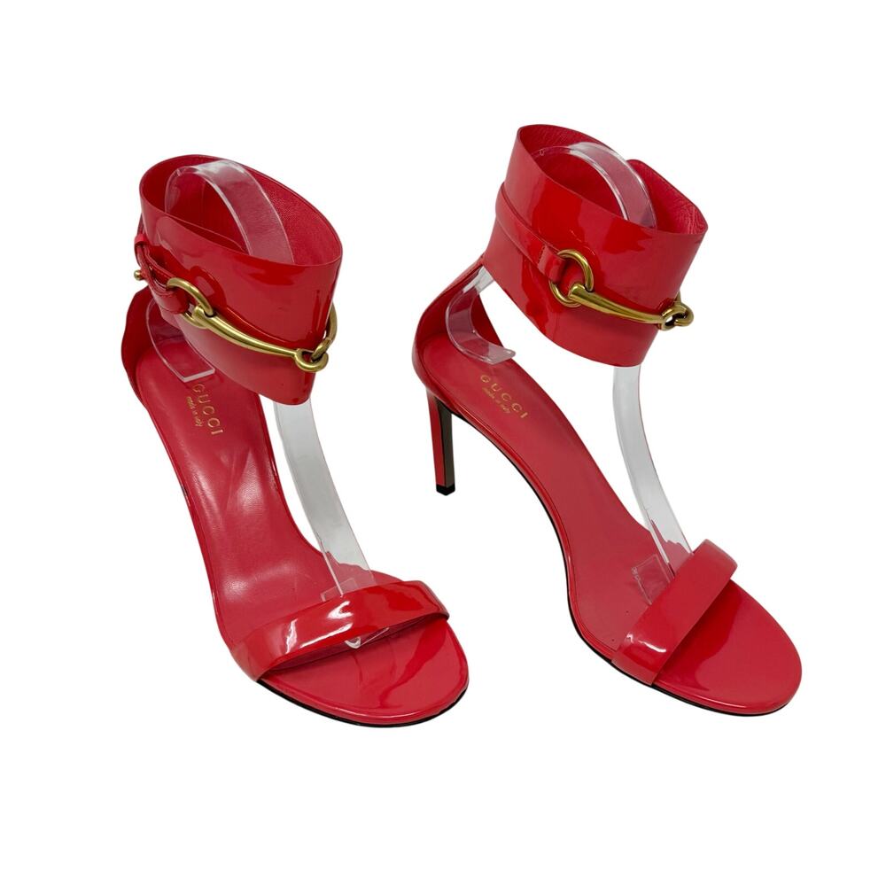 Gucci Red Patent Leather Ankle-Strap Stilettos with Gold Horsebit